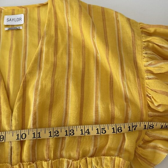 Saylor Adrianne Yellow Metallic Stripe Smocked V-Neck Mini Dress Size M - Picture 7 of 13